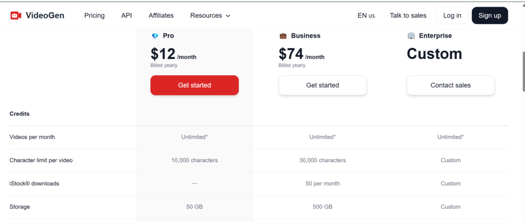 VideoGen Pricing